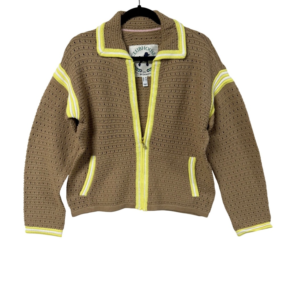Isaac Mizrahi Live Clubhouse Zip Cardigan Tan Neon Yellow Striped Knit Medium